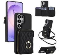 HYUKcase Wallet Case for Samsung Galaxy S25Edge,RFID Blocking 6-Card Holder Soft PU Leather Shoulder Strap Zipper Pocket Phone Case,Shoulder/Wrist Strap Detachable,Black