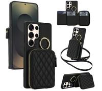 HYUKcase Wallet Case for Samsung Galaxy S25Edge,RFID Blocking 6-Card Holder Soft PU Leather Shoulder Strap Zipper Pocket Phone Case,Shoulder/Wrist Strap Detachable,Black