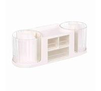 HYUMTODE 360 Degree Rotating Pen Holder, Desktop Organizer with 2 Pen Holders and Clear Drawer for Office School Stationery Supplies, Plastic Desk Pencil Organizer (White)