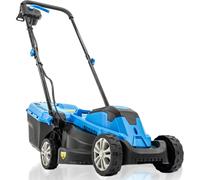 Hyundai 1300W 33cm lightweight corded lawn mower with 30L grass box, 3 cutting heights, foldable handle, and 3-year warranty.
