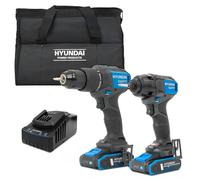 Hyundai 20V Cordless 65Nm Hammer Drill and 230Nm Impact Driver Brushless Kit, 2x 2.0Ah Li-ion Batteries and 2A Charger