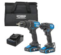Hyundai 20V Cordless Drill Set, 65Nm Hammer Drill and 230Nm Impact Driver, Brushless Kit with 2X 2.0Ah Batteries, 2A Charger