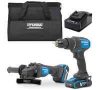 Hyundai 20V Cordless Tool Kit, Brushless Hammer Drill 60Nm, 115mm Angle Grinder, 2.0Ah & 4.0Ah Batteries, Charger