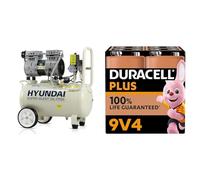 Hyundai HY7524 24 Litre Air Compressor, 5.2cfm/100psi, Silenced & Duracell Plus 9V Batteries (4 Pack) - Alkaline - 100% Life Guarenteed - Reliability for Everyday Devices