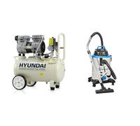 Hyundai HY7524 24 Litre Air Compressor, 5.2cfm/100psi, Silenced & Vacmaster Power 30 PTO Wet & Dry Cleaner, with Power Take Off Socket, 30 Litre Capacity, 1500W Motor and 2 Year Guarantee