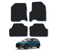 Hyundai Kona (2017-2023) [EV] Car Mats Accessories Tailored Fit Carpet Floor Mats Non Slip Blue Trim Full Coverage Compatible Accessory Granulated Backing Front Rear Set Anti Slip Hand-Finished Clips