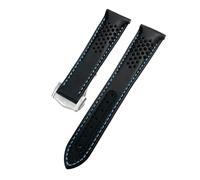 HYUOIND 20mm 21mm Curved End Leather Watchband Compatible With Omega Seamaster 300 Planet Ocean 600 AT150 Speedmaster Folding Buckle Watch Strap(Black Blue-Silver,20mm)
