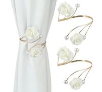 HYUREWF 2 Pack Metal Curtain Tiebacks, Elegant White Rose & Pearls Tiebacks, Gold Finish, Zinc Alloy & Cloth Fabric, Curtain Holdbacks for Home Decor