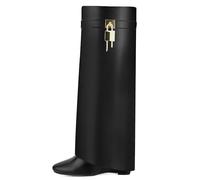 HYYH CFPL Fold Over Knee High Boots for Women Pointy Pull-on Wedge Heel Knee Shark Boot With Side Zipper Covered Wedge Heel Padlock Boot, Black, 5.5 UK