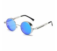 HYYZZC Metal Steampunk Sunglasses Men Women Fashion Round Glasses Vintage Sun Glasses,Silver Blue,1 pcs