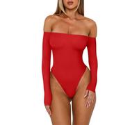 HYZ Women's Sexy Off The Shoulder Long Sleeve Backless Basic Going Out Thong Bodysuit Tops, Red, X-Large