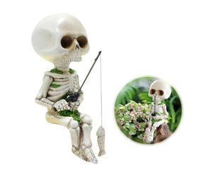 HyzaPhix Fishing Skeleton Statue Cute Halloween Decoration, Resin Skeleton Ornament Skull Figurine for Halloween Gothic Home Decor, Koi Pond or Waterfalls, Poolside Statue