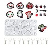 HyzaPhix Resin Shaker Moulds Halloween Quicksand Silicone Mould Epoxy Casting Mold Jewellery Making Supplies with 10pcs Key Ring with Chain for DIY Ghost Pumpkin Keychain Pendant (11PCS)