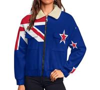 HZCRAES Fleece Jacket Women New Zealand Flag Printed Ladies Sherpa Lined Outwear Simple Stars Winter Warm Coats Full Zip Navy Blue Teddy Coat With Pockets Long Sleeve Transition Jackets