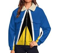 HZCRAES Fleece Jacket Women Saint Lucia Flag Printed Ladies Sherpa Lined Outwear Simple Geometric Winter Warm Coats Full Zip Navy Blue Teddy Coat With Pockets Long Sleeve Transition Jackets