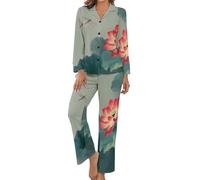 HZCRAES Ladies Long Sleeve Button Down Comfy Pajamas Chinese Water Lily Pond Printed S - 5Xl Plus Size Women Nightwear Soft Pyjama Set Comfy Loungewear Lightweight Trousers And Shirt Gray-blue