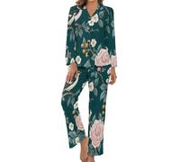 HZCRAES Ladies Long Sleeve Button Down Comfy Pajamas Retro Chinese Rose Printed S - 5Xl Plus Size Women Nightwear Soft Pyjama Set Comfy Loungewear Lightweight Trousers And Shirt Blue-green
