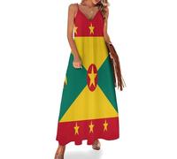 HZCRAES Sleeveless Spaghetti Strap Women's Dress Grenada Flag Casual Long Flowy Maxi Tshirt Dresses Retro Geometric Stars Loose Fit Plus Size Summer Semi-Formal Boho Beach Sundress, Red