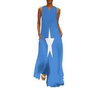 HZCRAES Somalia Flag Women's Ankle Length Dress Slim Fit Sleeveless Maxi Dresses Plus Size Casual Sundress V-Neck Beach Coverup with Pockets Blue
