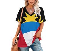 HZCRAES Women Summer Tunic Short Sleeve Tops for Women UK V Neck Elegant Casual Patriotic Ladies Antigua and Barbuda Flag Printed Blouse Shirts Daily Women's Top Baggy Blouse Black
