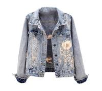 HZCRAES Womens Cropped Wash Denim Jacket - Punk Creative Three-Dimensional Rhinestone Tulle Flowers Distressed Jean Jacket,Versatile Single-Breasted Lapel Denim Jacket For Holiday Clothes Blue L