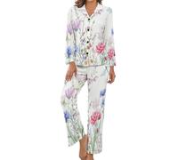 HZCRAES Womens Pyjamas Set, Cozy Long Sleeve Button Up Plus Size Ladies Nightwear With Pockets, Pjs For Women Sets Dragonfly Spring Flowers Women'S Nightwear Comfy Loungewear Sage Green