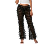 HzDazrl Women Floral Lace Sheer Mesh Pants Sexy See Through Elastic Waist Casual Bottoms Beach Party Club Y2k Pants (Tiered Sheer Black, L)