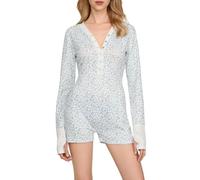 HzDazrl Women Long Sleeve Shorts Rompers Y2k Cute Bow Print Button V Neck Fall Pajama One Piece Jumpsuit Loungewear (Floral Blue, S)