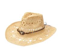 HzDazrl Women Men Cowgirls Hats Adult Hollow Out Classic Stripes Print Cowboy Hats Western Caps for Outdoor Party (Beige, ONE Size)