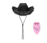 HzDazrl Women Men Western Cowboy Hat Classic Wide Brim Cowgirl Hat Halloween Christmas Vintage Party Club Cap for Adults (Hat+Scarf Raw Edge Black, ONE Size)