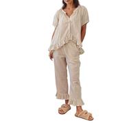 HzDazrl Women Pajamas Set Short Sleeve Button Down Shirt with Long Pants Soft Pjs Lounge Sets Nightwear Sleepwear (Ruffles Khaki, M)