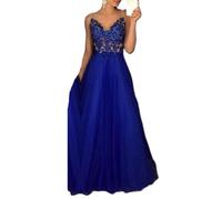 HzDazrl Women's Cocktail Evening Gown Sequin Maxi Dress Off Shoulder V Neck Backless Wedding Guest Mesh Formal Dresses (Blue, L)