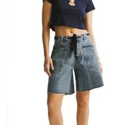 HzDazrl Women's Long Jean Shorts Wide Leg High Waist Summer Bermuda Baggy Y2k Bandage Denim Shorts with Pockets Streetwear (Blue, S)