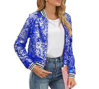 HzDazrl Womens Sequin Jacket Bomber Coat Glitter Long Sleeve Casual Sparkly Jacket Y2k Party Club Cowgirl Outfit Jackets (Zip Up Blue, XL)