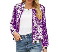 HzDazrl Womens Sequin Jacket Bomber Coat Glitter Long Sleeve Casual Sparkly Jacket Y2k Party Club Cowgirl Outfit Jackets (Zip Up Purple, M)