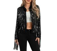 HzDazrl Womens Sequin Jacket Bomber Coat Glitter Long Sleeve Casual Sparkly Jacket Y2k Party Club Cowgirl Outfit Jackets (Open Front Tassel Black, M)
