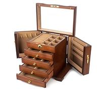 hzexun Wooden Jewelry Box for Women, Solid Wood Organizer with Combo Lock for Jewelries, Necklaces, Rings, Vintage Style Storage Box with Mirror