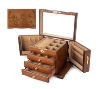 hzexun Wooden Jewelry Box for Women, Solid Wood Organizer with Combo Lock for Jewelries, Necklaces, Rings, Vintage Style Storage Box with Mirror