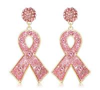 HZEYN Beaded Breast Cancer Awareness Earrings Rhinestone Hope Pink Ribbon Earrings Survivor Warrior Dangle Earrings for Women, Zinc, No Gemstone