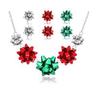 HZEYN Christmas Bow Necklace Earrings Red Green Christmas Bows Choker Necklace Bow Stud Earrings Xmas Holiday Gifts for Women, One Size, Alloy Steel, No Gemstone