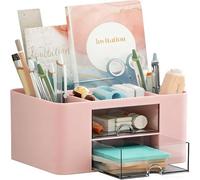 hzfengsheng Desk Organiser with 7 Grids, Creative & Simple Table Organiser with Drawer, Multifunctional Desk Organiser, Pen Holder for School, Office, Home (Pink)