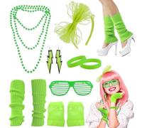 HZHSGLY 11 PCS 80s Accessories for Women, 80s Fancy Dress with Lightning Earrings Fishnet Gloves Leg Warmers Bow Headband Necklace Bracelets Glasses for 1980s Party, Dress up Day (Fluorescent Green)