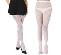 HZHSGLY 2 Pack White Lace Tights, Fishnet Fashion Patterned Tights for Women Ladies (Flower+Bow)