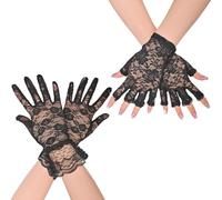 HZHSGLY 2 Pairs Black Lace Gloves, Lace Gloves for Women, 80s Floral Vintage Fingerless Opera Glove for Halloween Party Clothing Accessories Masquerade Cosplay (Black, One Size)