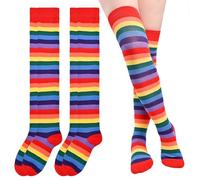 HZHSGLY 2 Pairs Rainbow Thigh High Socks, Knee High Socks Striped Cute Colourful Casual Fashion Breathable LGBTQ Pride Accessories (Red)