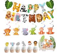 HZHSGLY 32PCS Jungle Theme Party Decorations, Safari Party Decorations Animal Cake Toppers, Wild One Birthday Banner Decoration for Boy Girl Kids