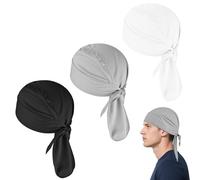 HZHSGLY 3PCS Durag Mens, Black durag White Quick Drying Sweat Wicking Bandana Adjustable Sports Durags for Men Cycling Motorcycle Running (Black+Grey+White)