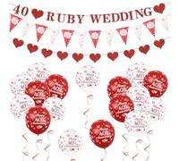 HZHSGLY 40th Wedding Anniversary Decorations, Ruby Wedding Anniversary Decorations Including White and Red Balloon Heart Shaped Banners and Colorful Flags for Party Decorations(Red)