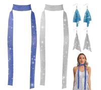HZHSGLY 4PCS Abba Accessories for Women, 70s Disco Accessories Sequin Metallic Scarf Earrings 1970s Abba Accessory for Theme Party Halloween Evening Wedding Fancy Dress (Royal Blue + Silver)