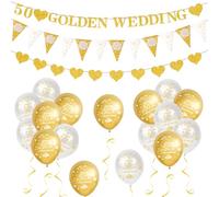 HZHSGLY 50th Wedding Anniversary Decorations, Golden Wedding Anniversary Decorations Including White and Gold Balloon Heart Shaped Banners and Colorful Flags for 50th Party Decorations (Golden)